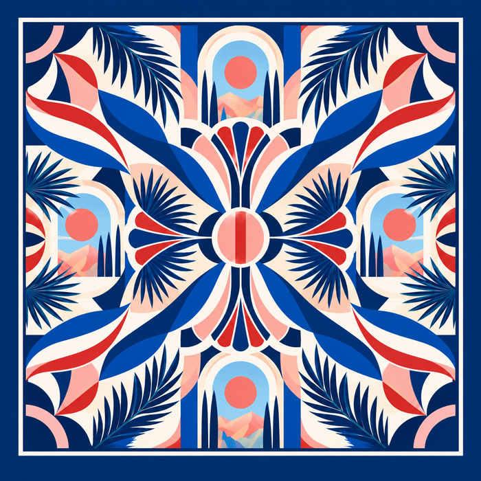 Companion design in navy, cobalt, coral and ivory with palms and arches