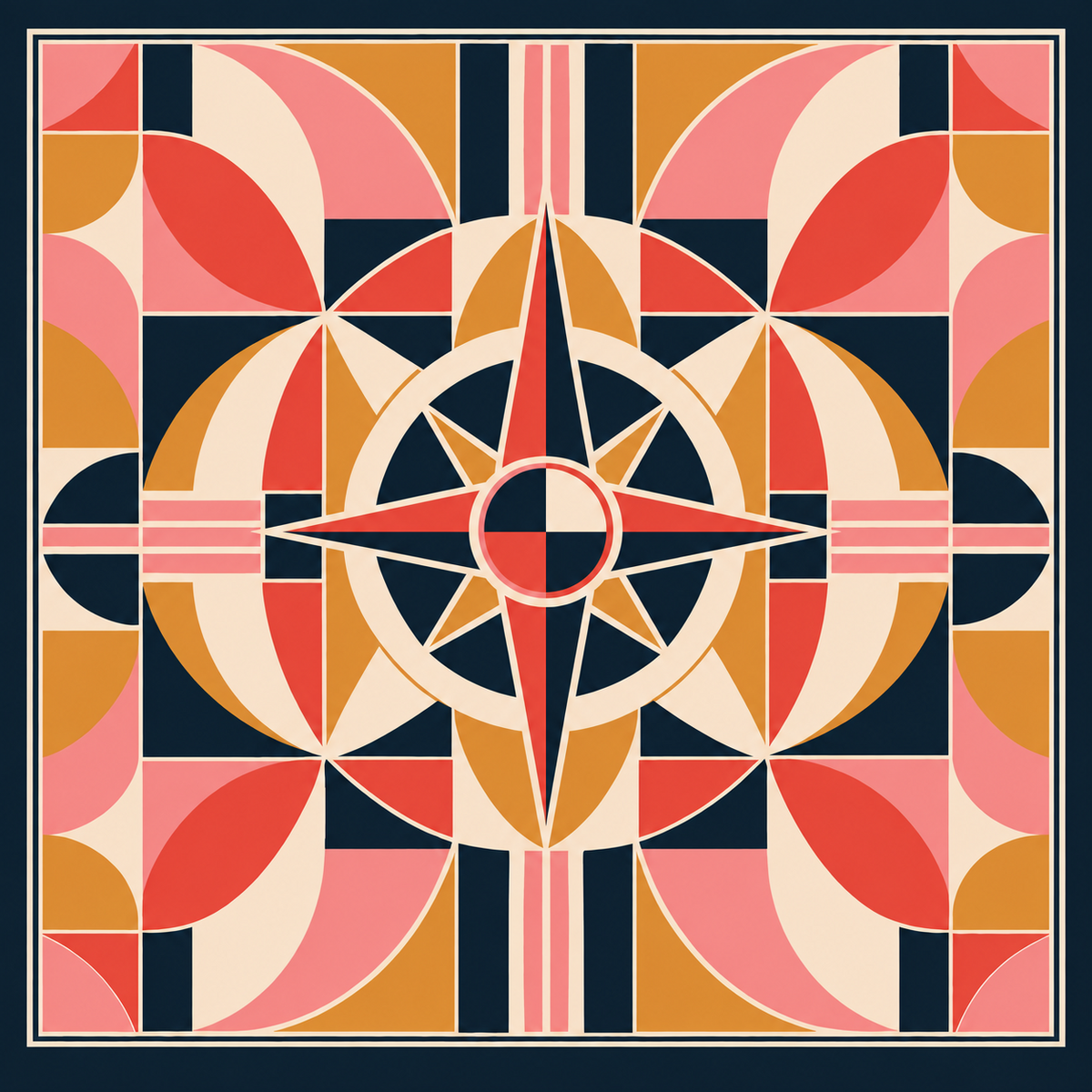 Companion compass pattern in coral, rose, ochre, ivory and dark navy