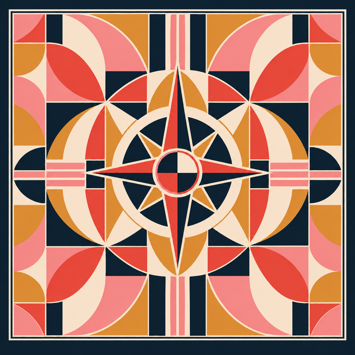 Companion compass pattern in coral, rose, ochre, ivory and dark navy