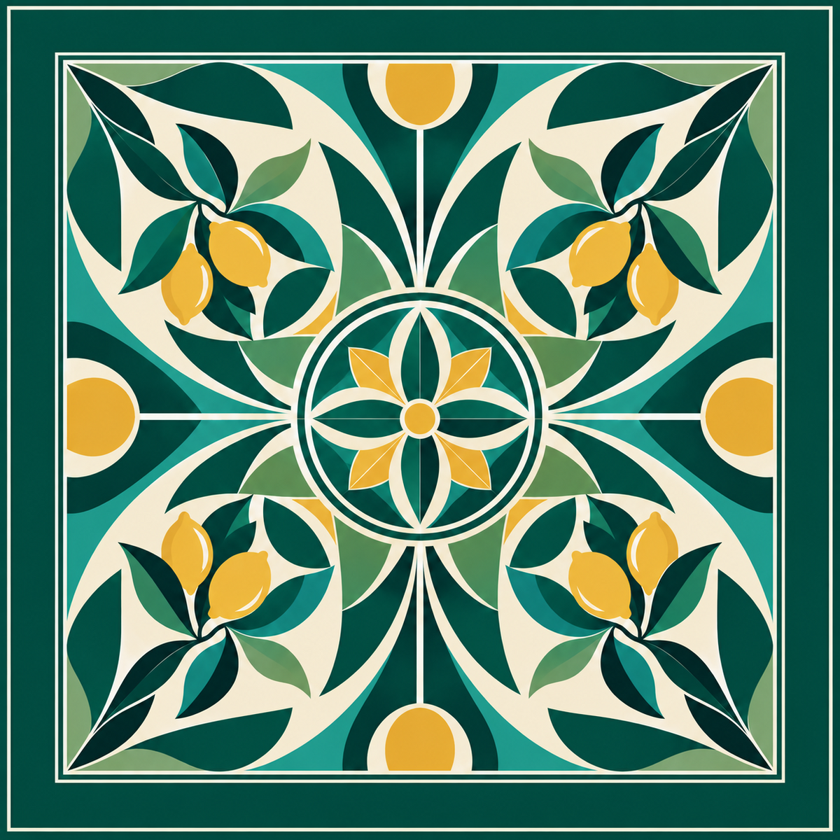 Companion botanical pattern with lemons, ivory and shades of green