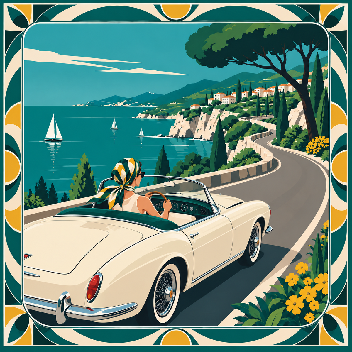 The Destination: Penelope driving a convertible along the Riviera coast