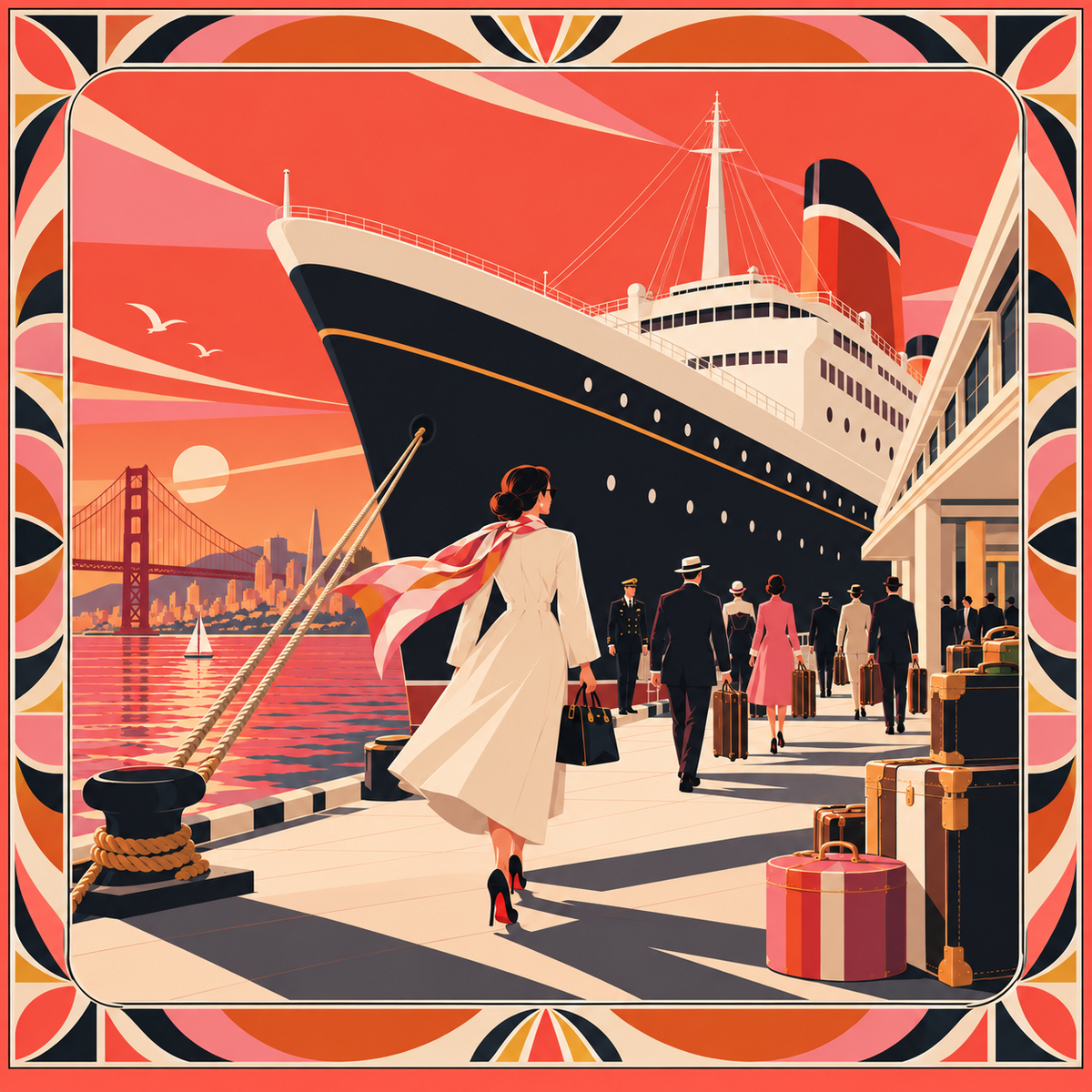 Your ticket to somewhere: an ocean liner at sunset with travellers and vintage luggage